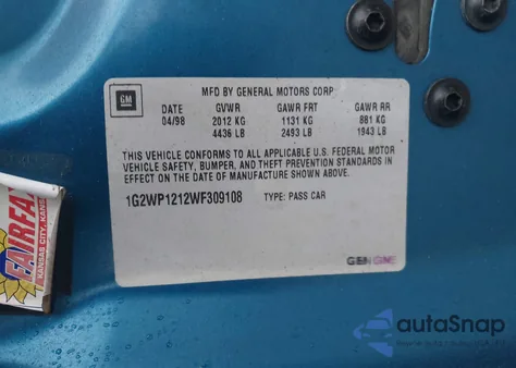 1998 Pontiac Grand Prix Gt from USA, damaged, VIN 1G2WP1212WF309108